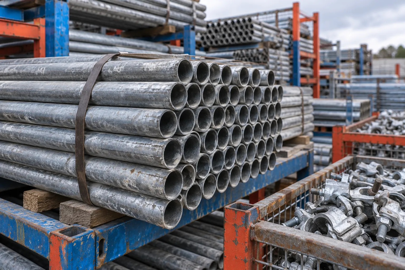 AI-generated close view of bundled scaffold tubes and metal fittings in a storage yard.