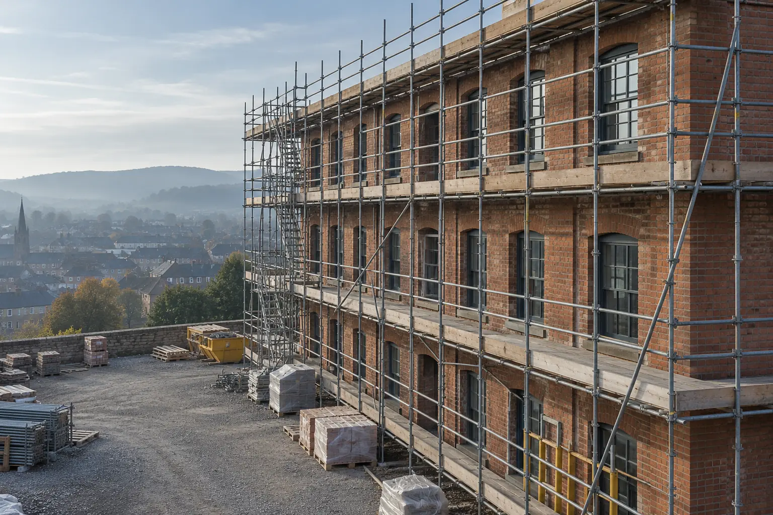 AI-generated contextual view of a building elevation with scaffold bays and an empty work area.