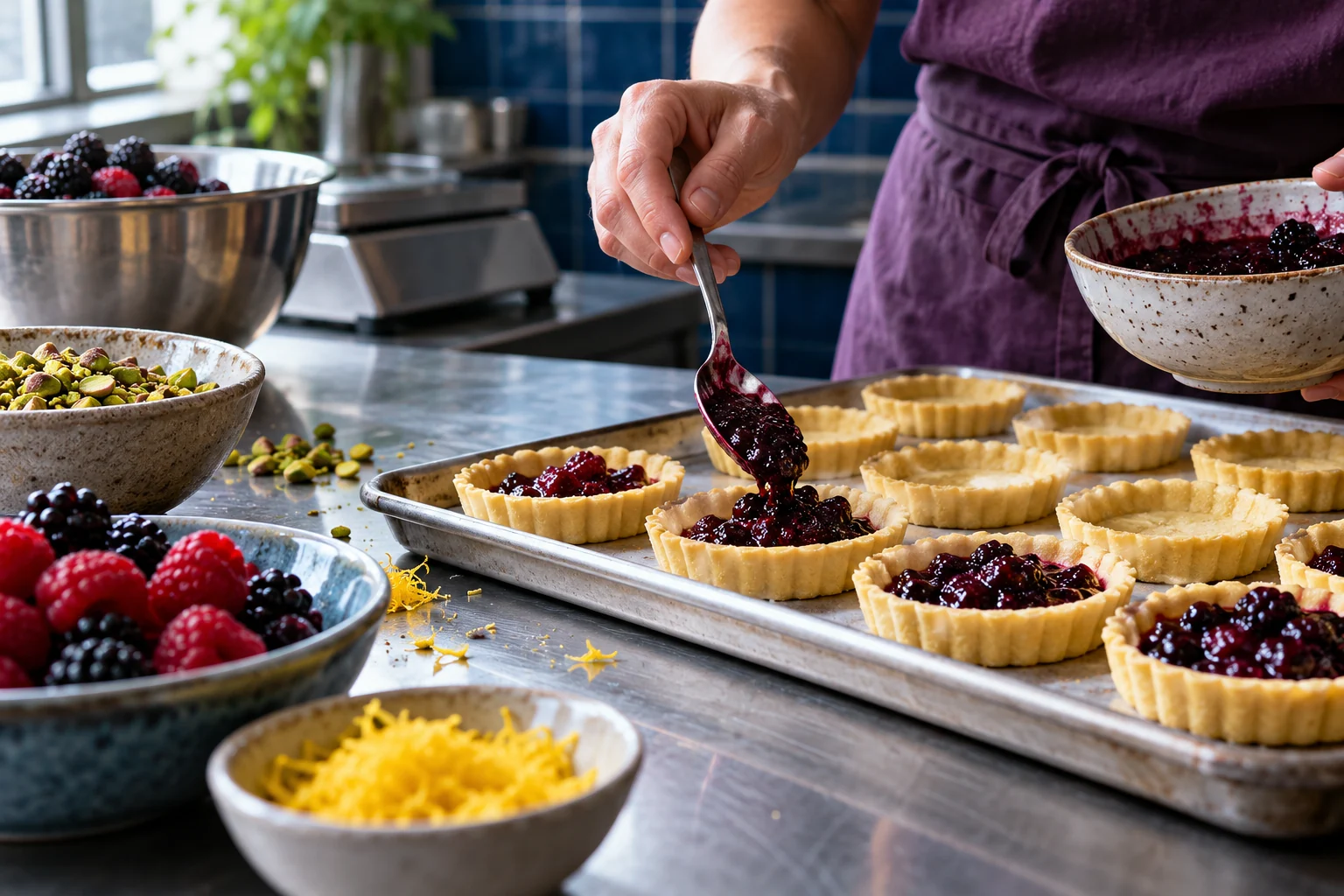 Generated close photograph of fruit and pistachio pastry component preparation