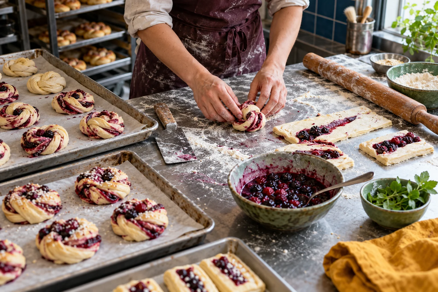 Generated editorial bakery photograph of dough shaping and production trays