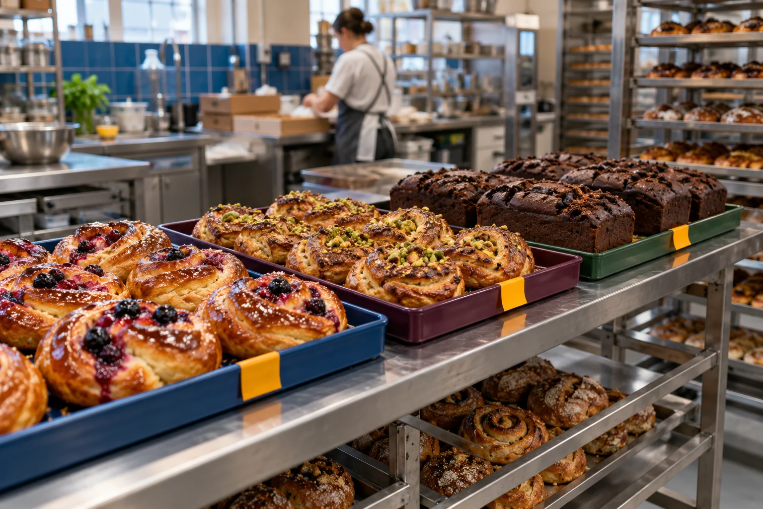 Generated bakery shelving with finished bakes in separate customer batches