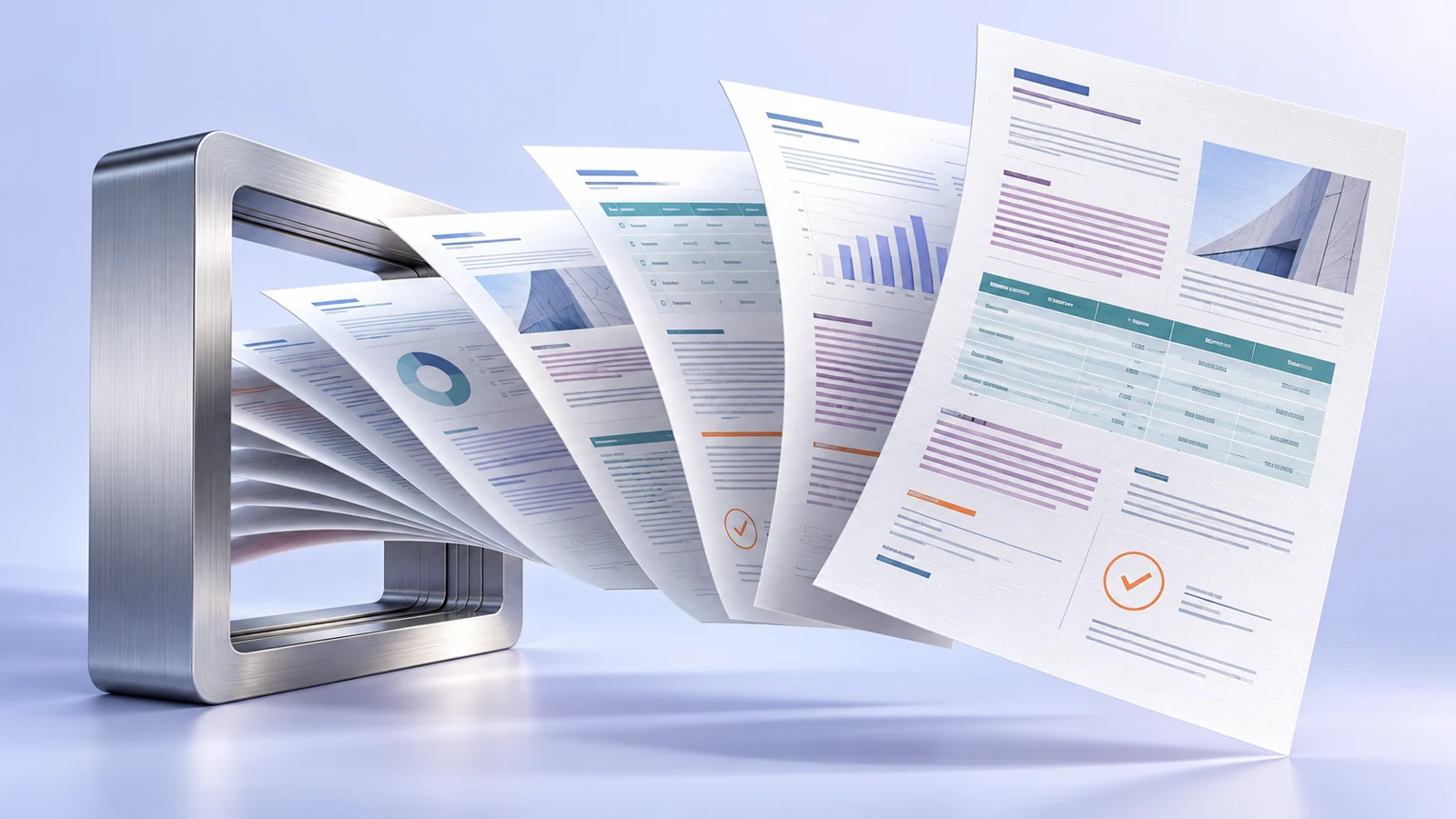 Precisely arranged document sheets with tables, headings and coloured rules suspended in an aluminium frame