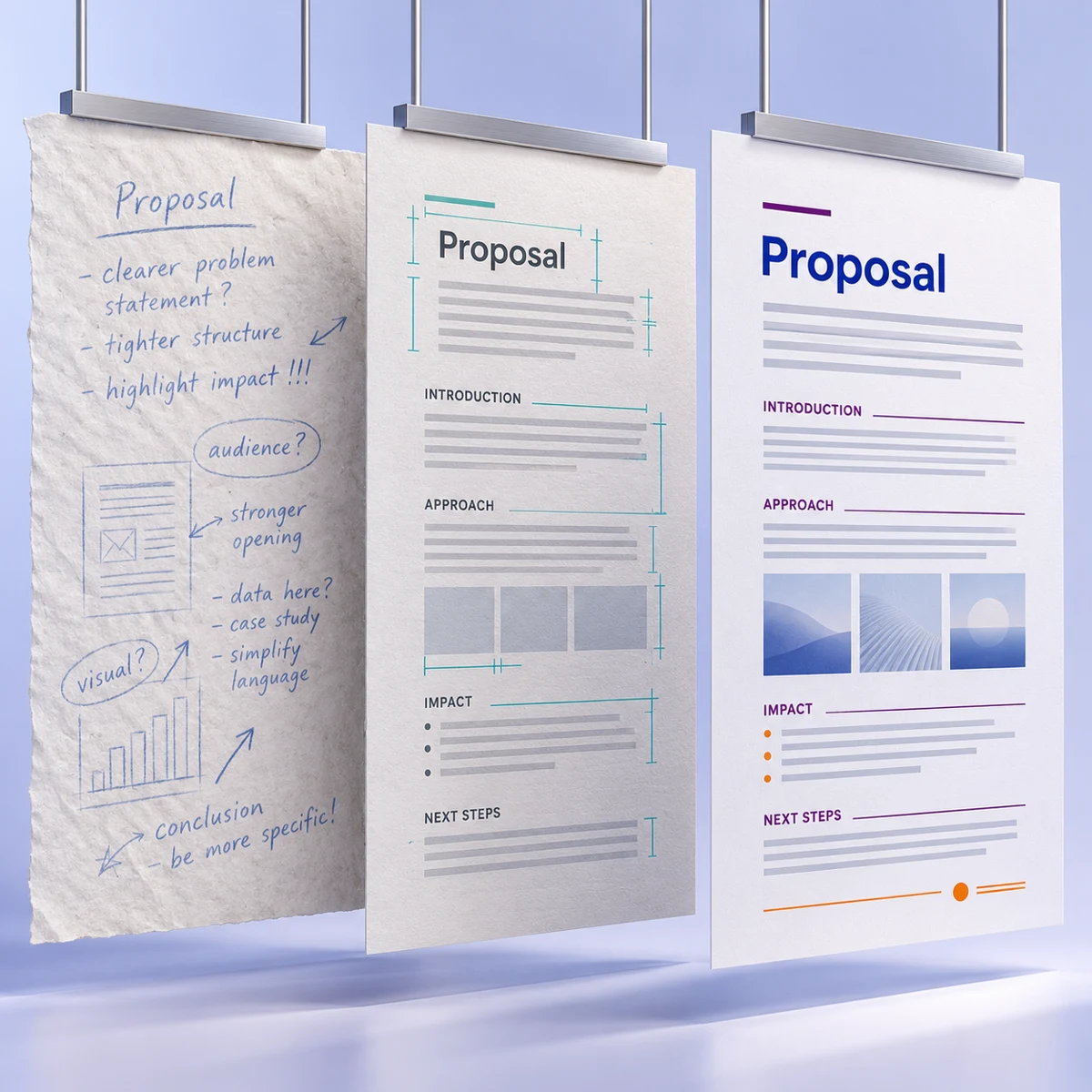 Three suspended sheets showing handwritten notes becoming a structured draft and a finished proposal