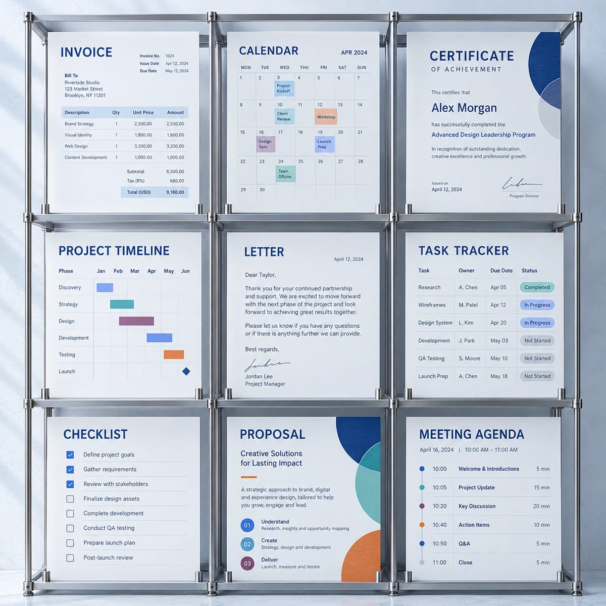 A modular archive displaying nine different document layouts, from invoices and calendars to letters and proposals
