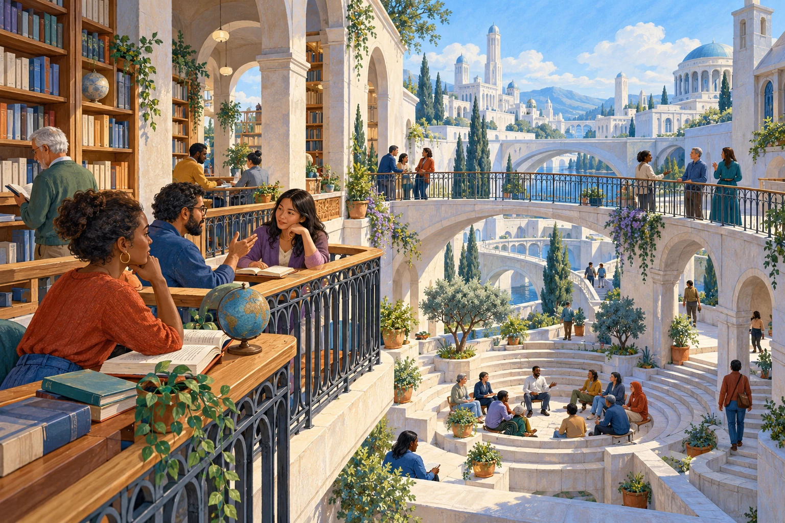 Adults read and exchange perspectives across a library balcony and civic courtyard in a fictional learning city.