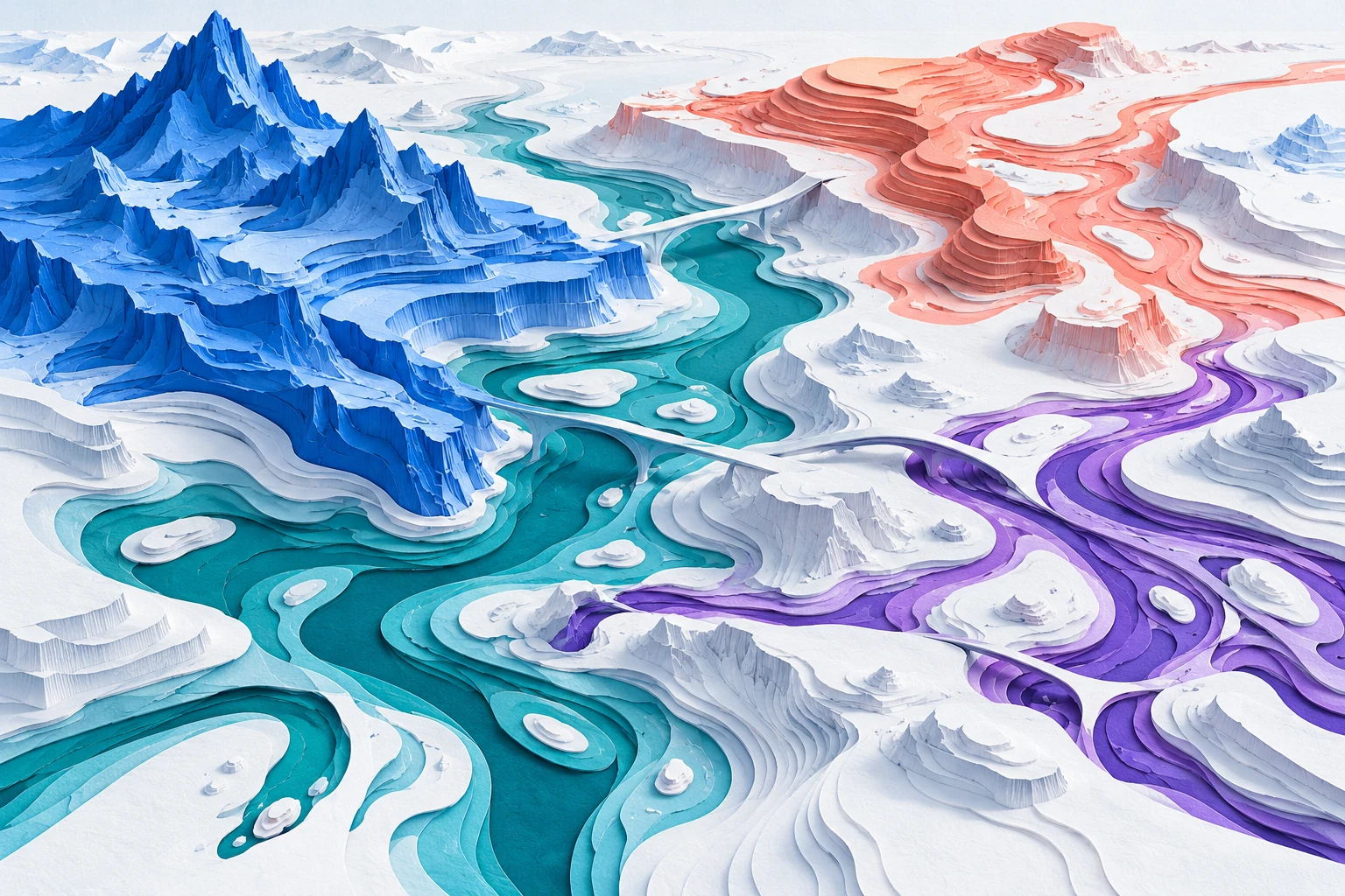 An imagined layered-paper landscape joins blue mountain terraces with teal and violet channels and coral ridges.
