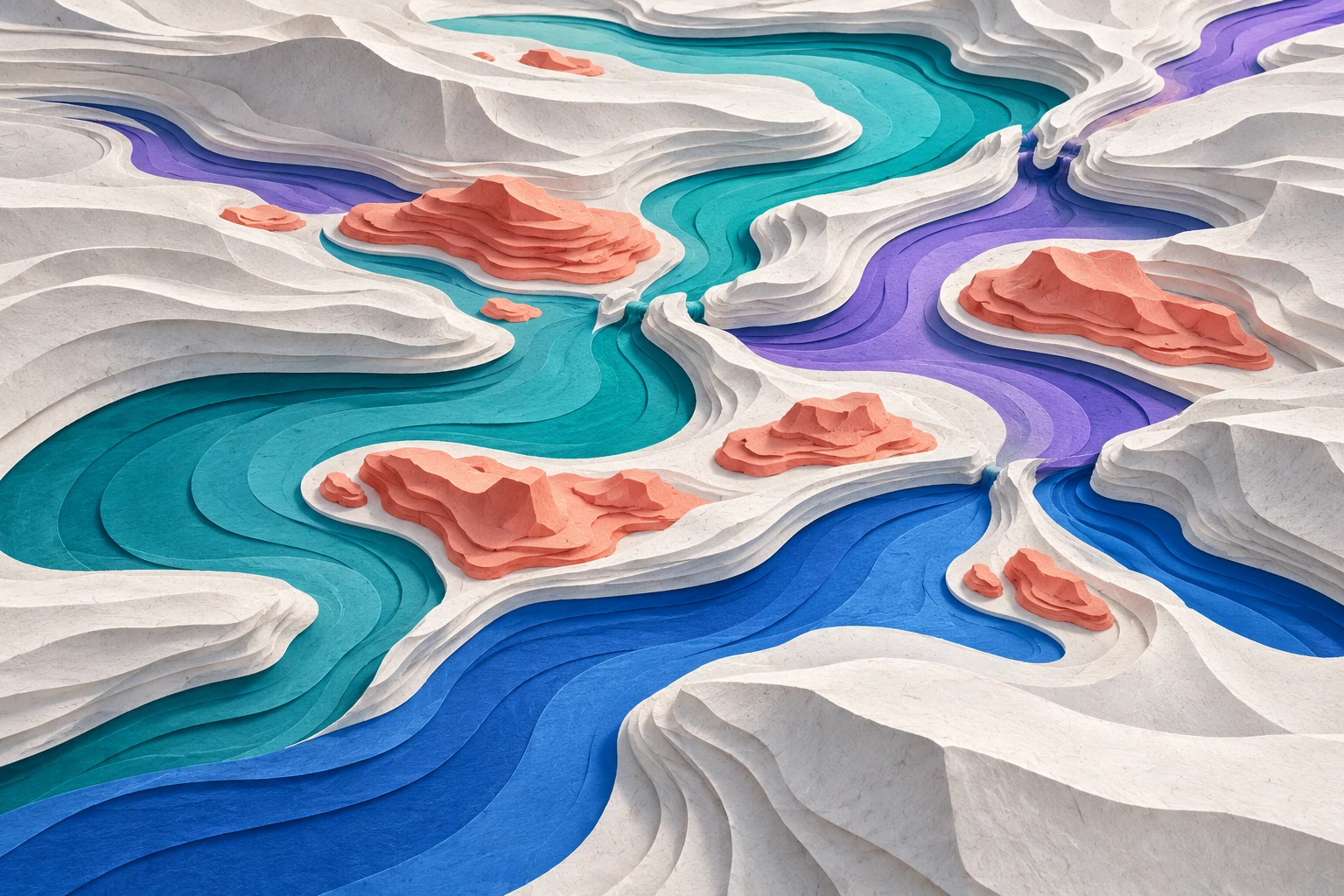 Teal, violet and blue channels wind around coral islands in a detailed fictional paper landscape.