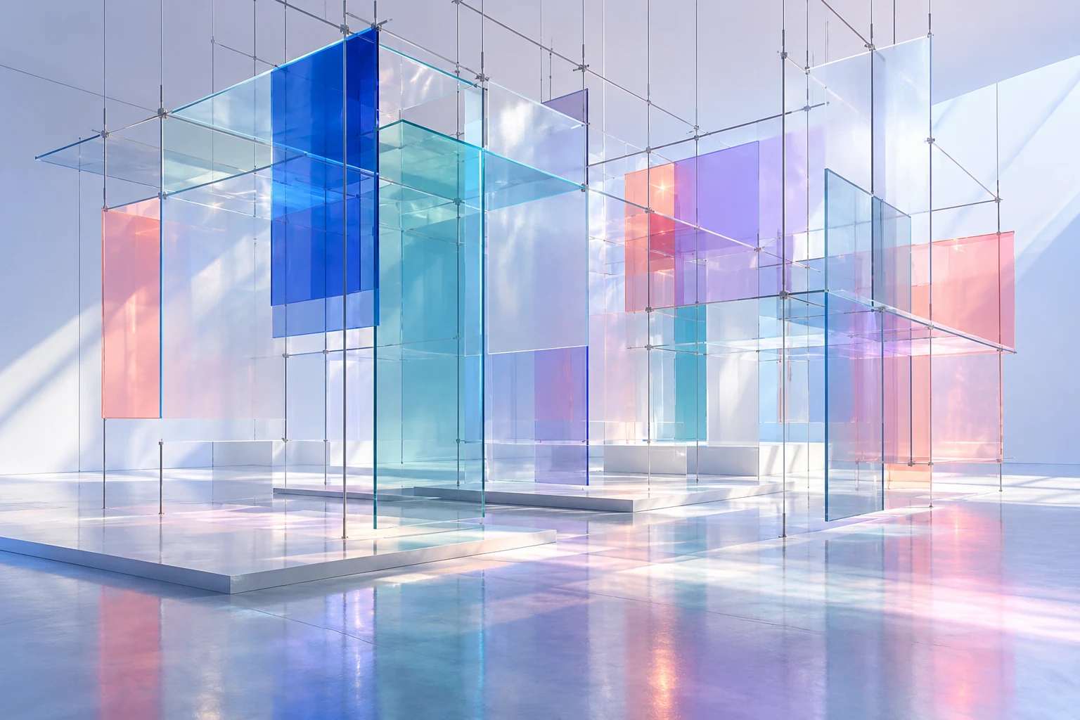 Illustrative architectural glass installation with intersecting invoice-like grids