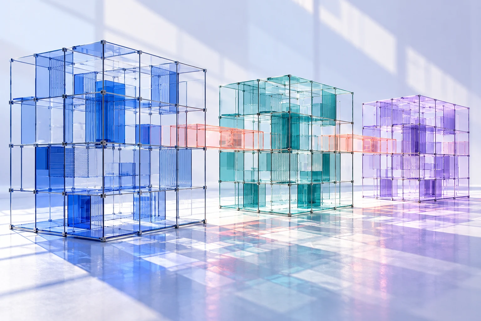 Illustrative translucent grid panels aligned into a single composed structure