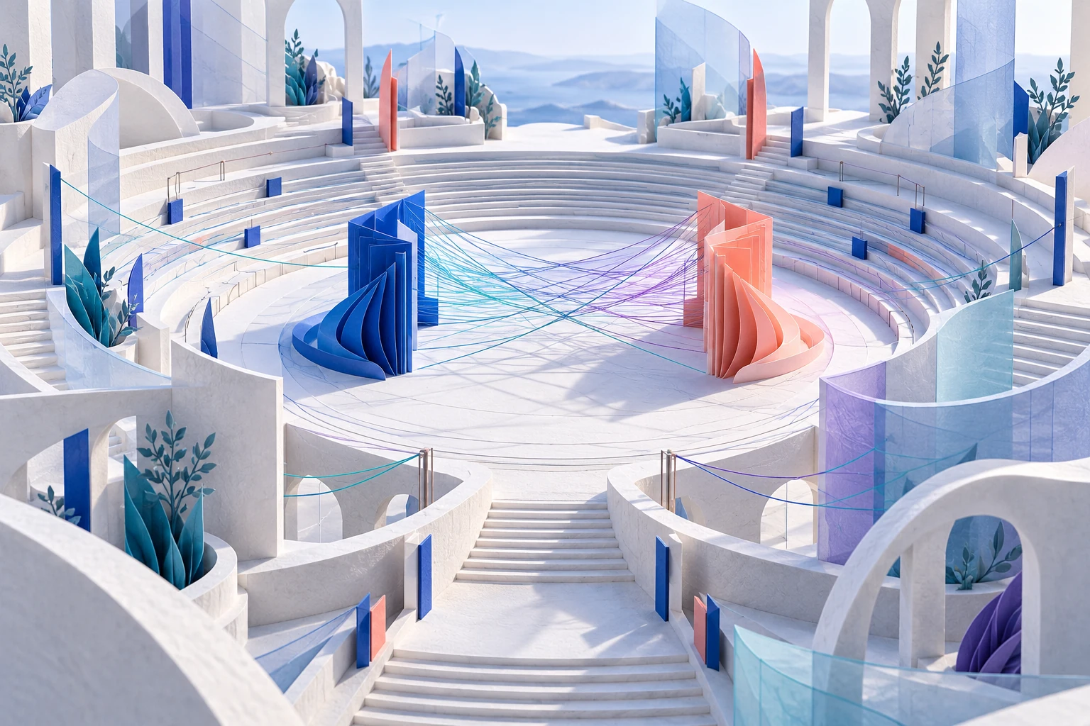 A sculpted paper debating forum joins cobalt and coral perspectives with teal and violet threads.