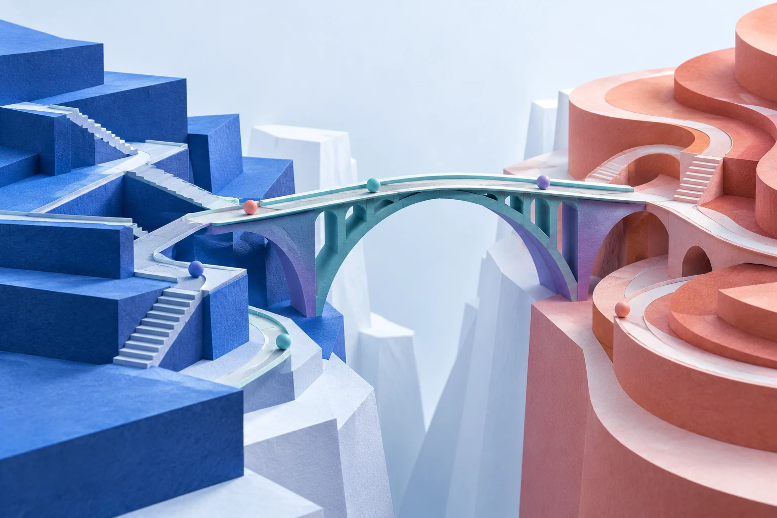 A teal paper bridge connects cobalt geometric terraces and coral curved terraces.