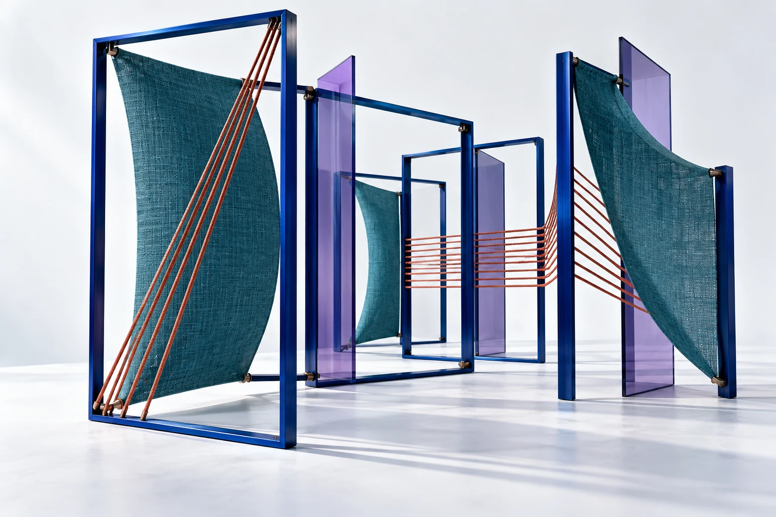 Cobalt metal frames hold teal woven panels, coral cords and violet fins in an original architectural sculpture.