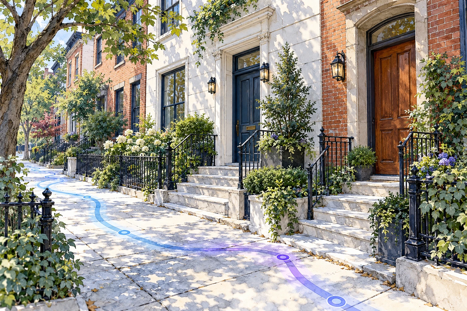 Architectural ink-and-wash apartment doorways along a city route