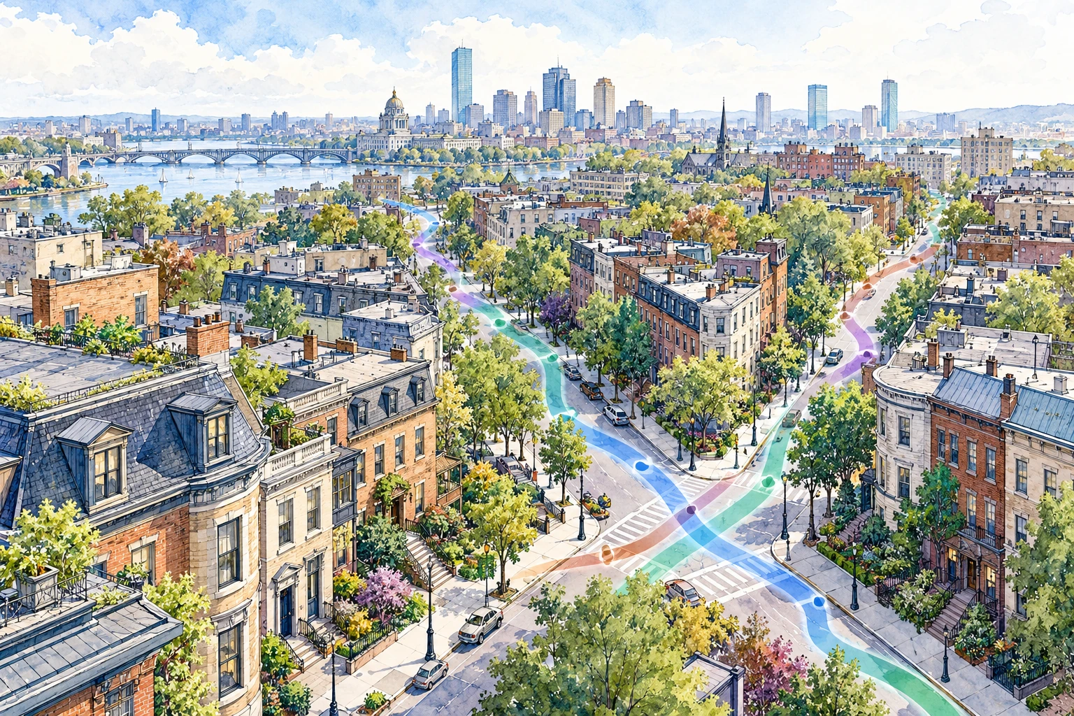 Ink-and-wash city blocks connected by subtle route lines