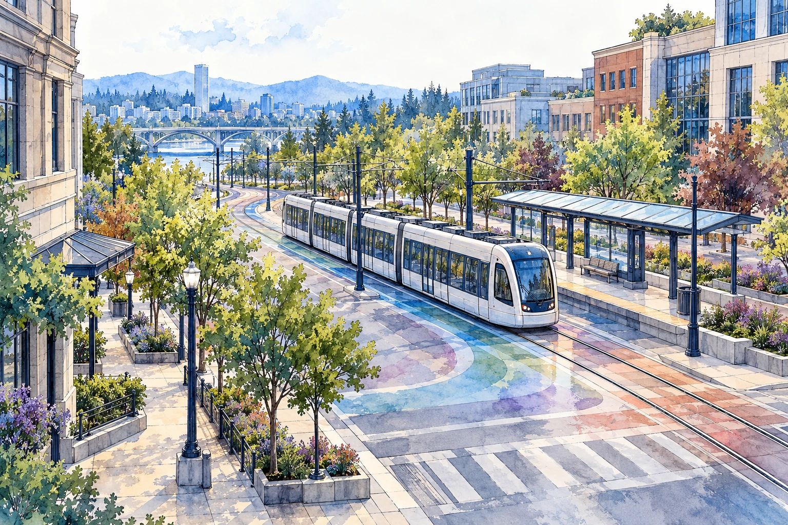 Ink-and-wash urban transit scene for a mobile appointment business