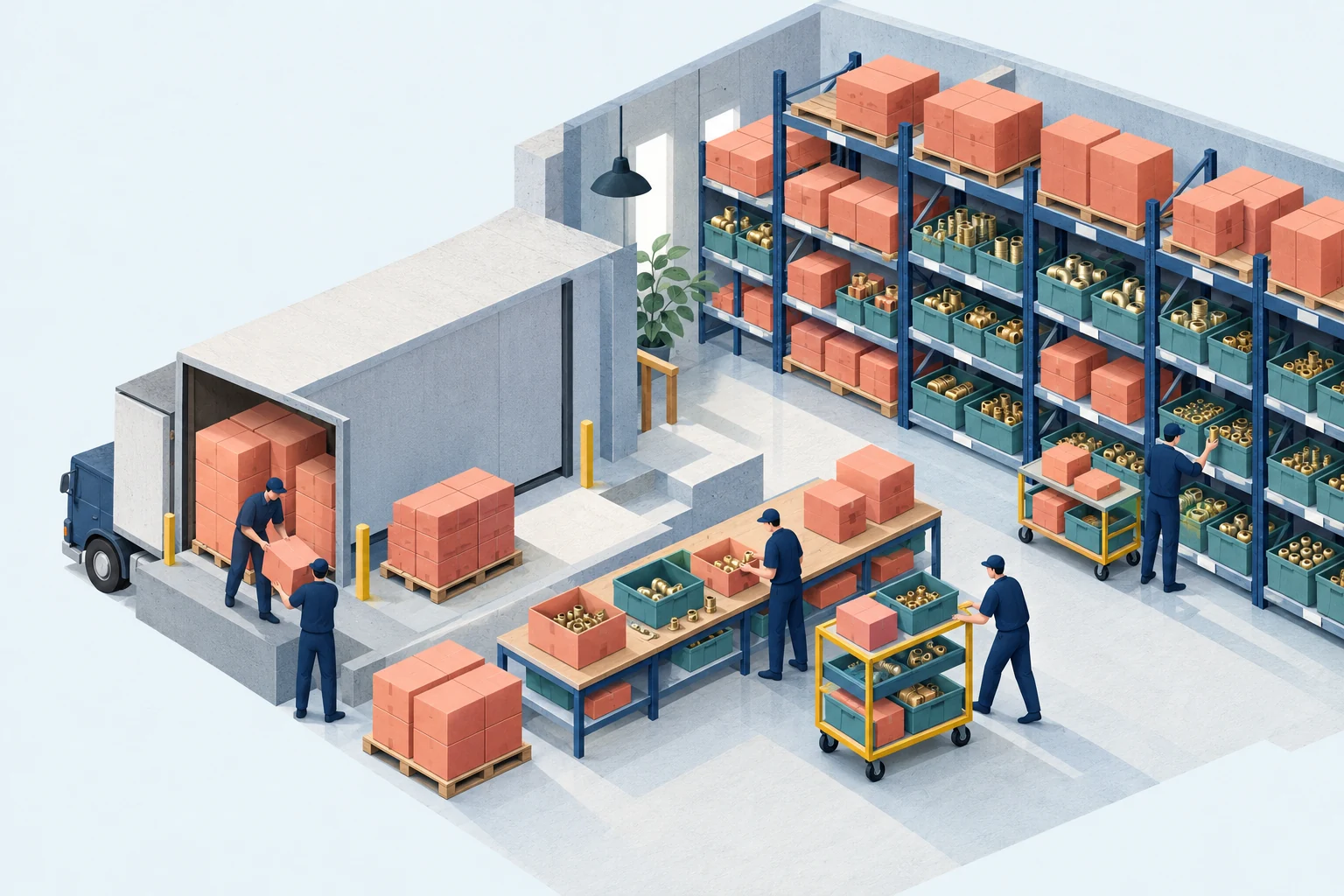 Generated colourful axonometric miniature of a warehouse and goods-receiving workflow