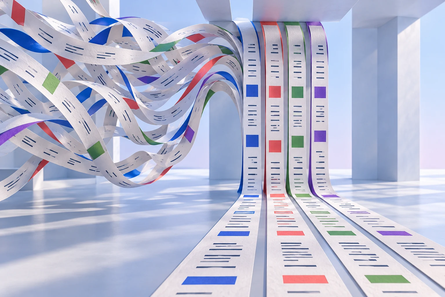 Illustrative flowing paper ribbons arranged as five statement columns