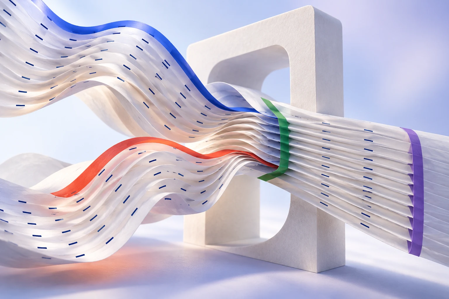 Illustrative balanced paper rows joining into one reviewed sequence