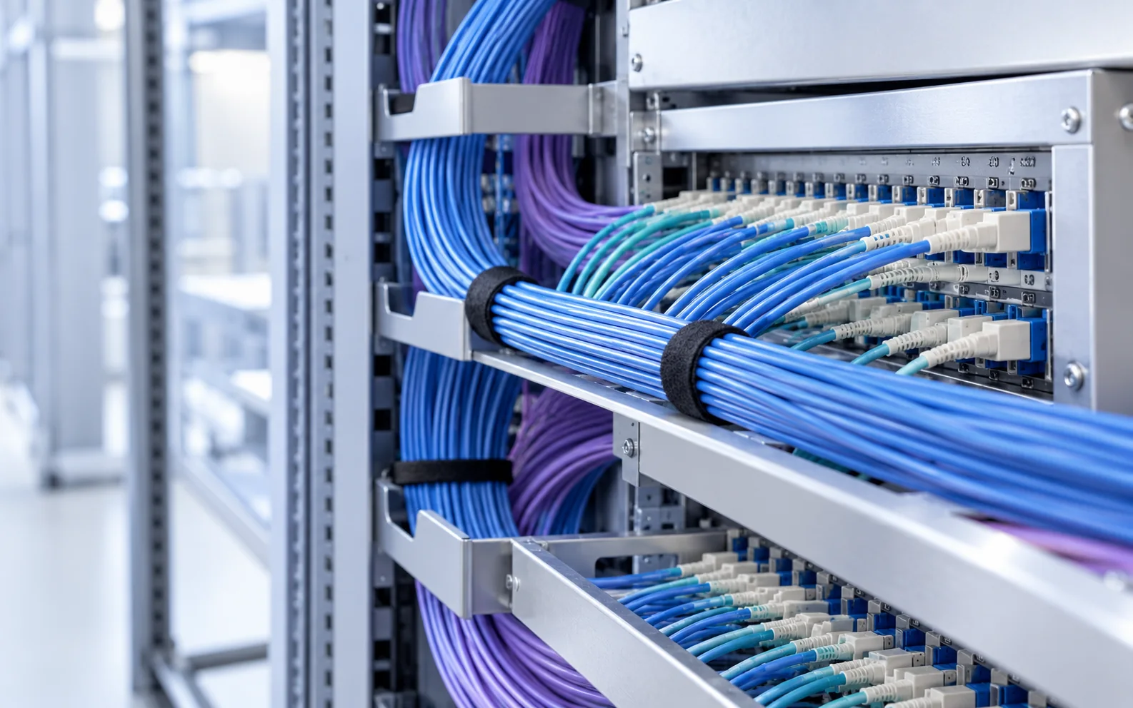 A close view of fibre connectivity and maintained network infrastructure.