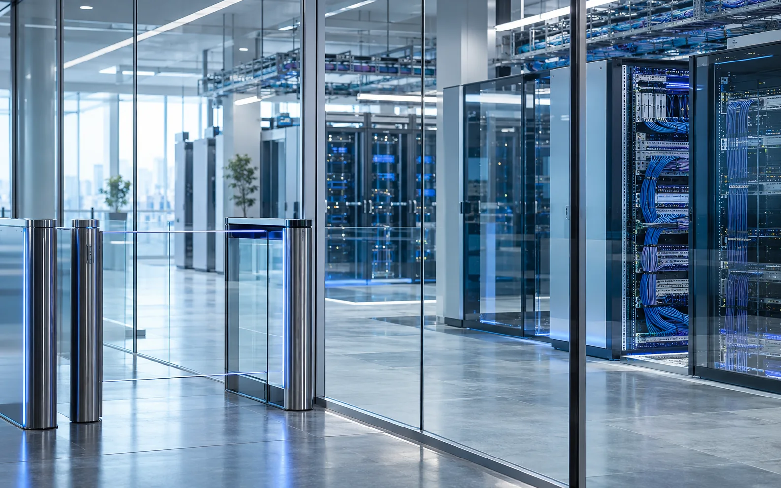 A carefully organised unbranded secure network operations room with layered physical protection.