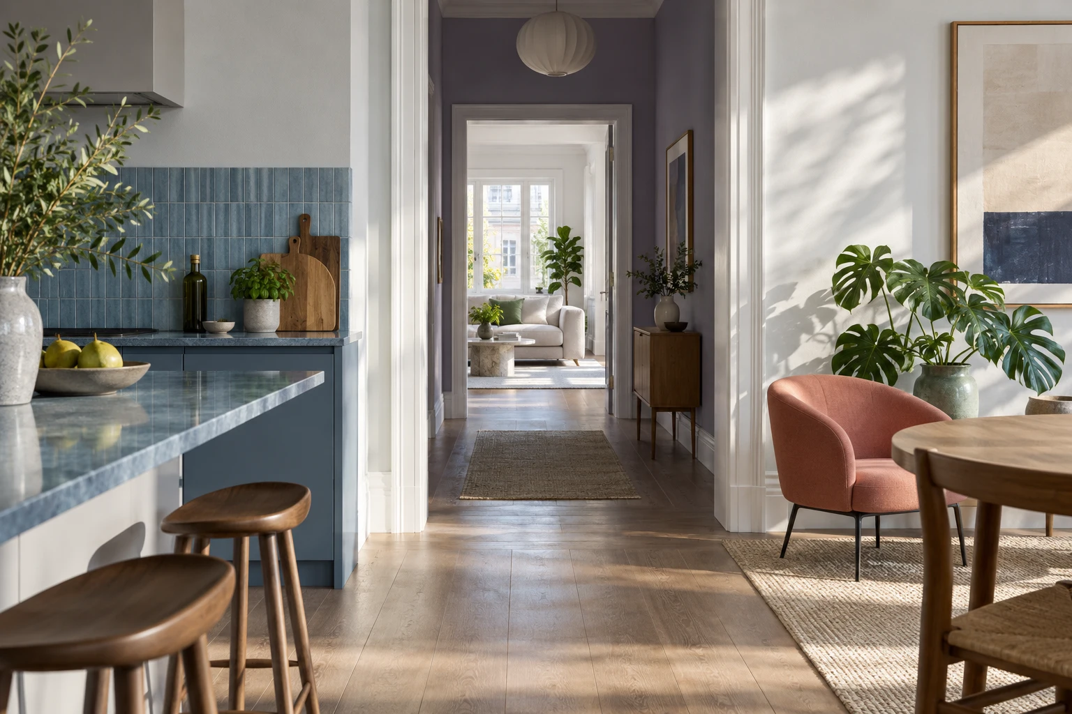Conceptual architectural view of an orderly apartment with cool coloured rooms