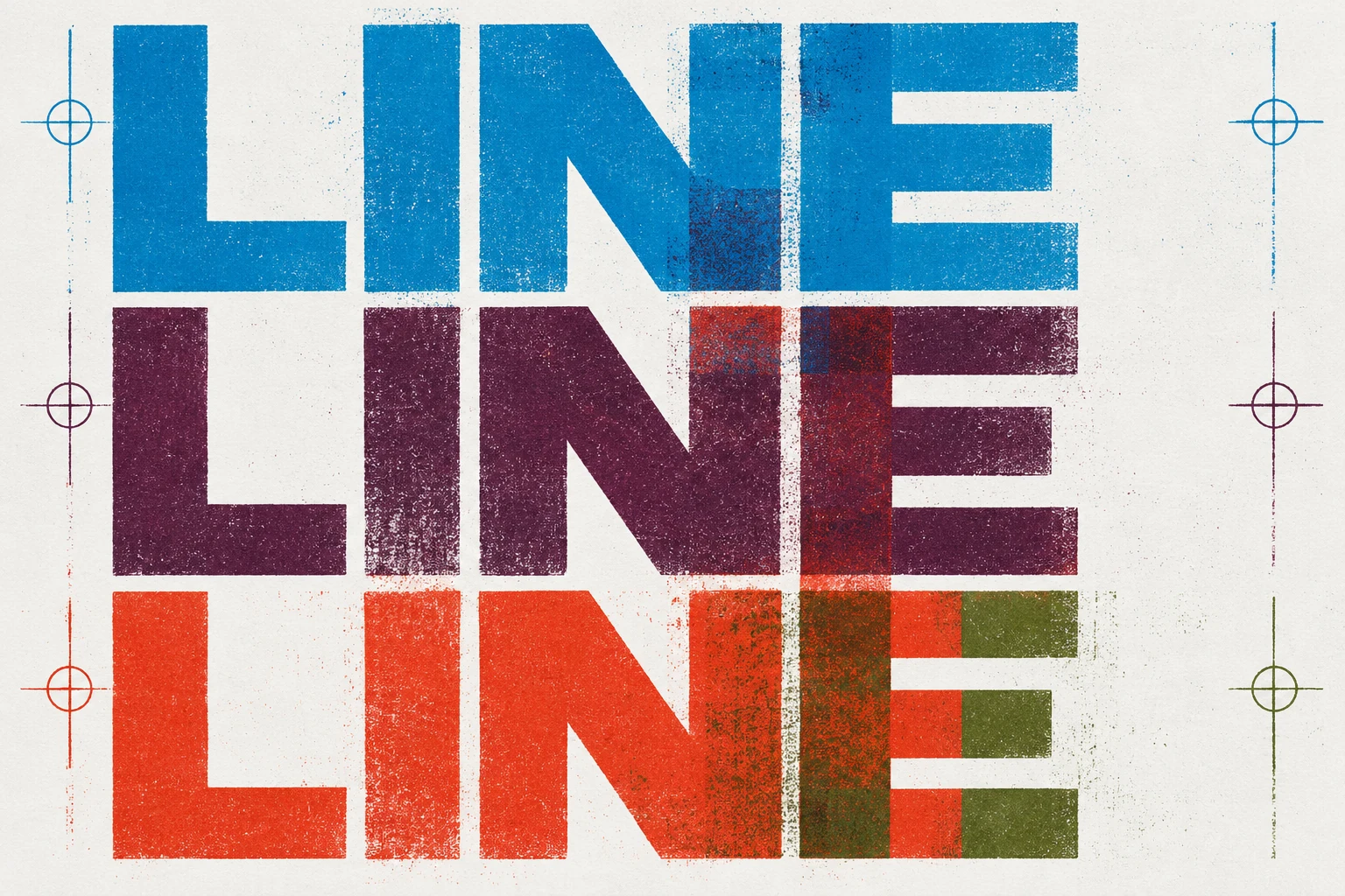 Three aligned sans-serif LINE rows in coloured ink